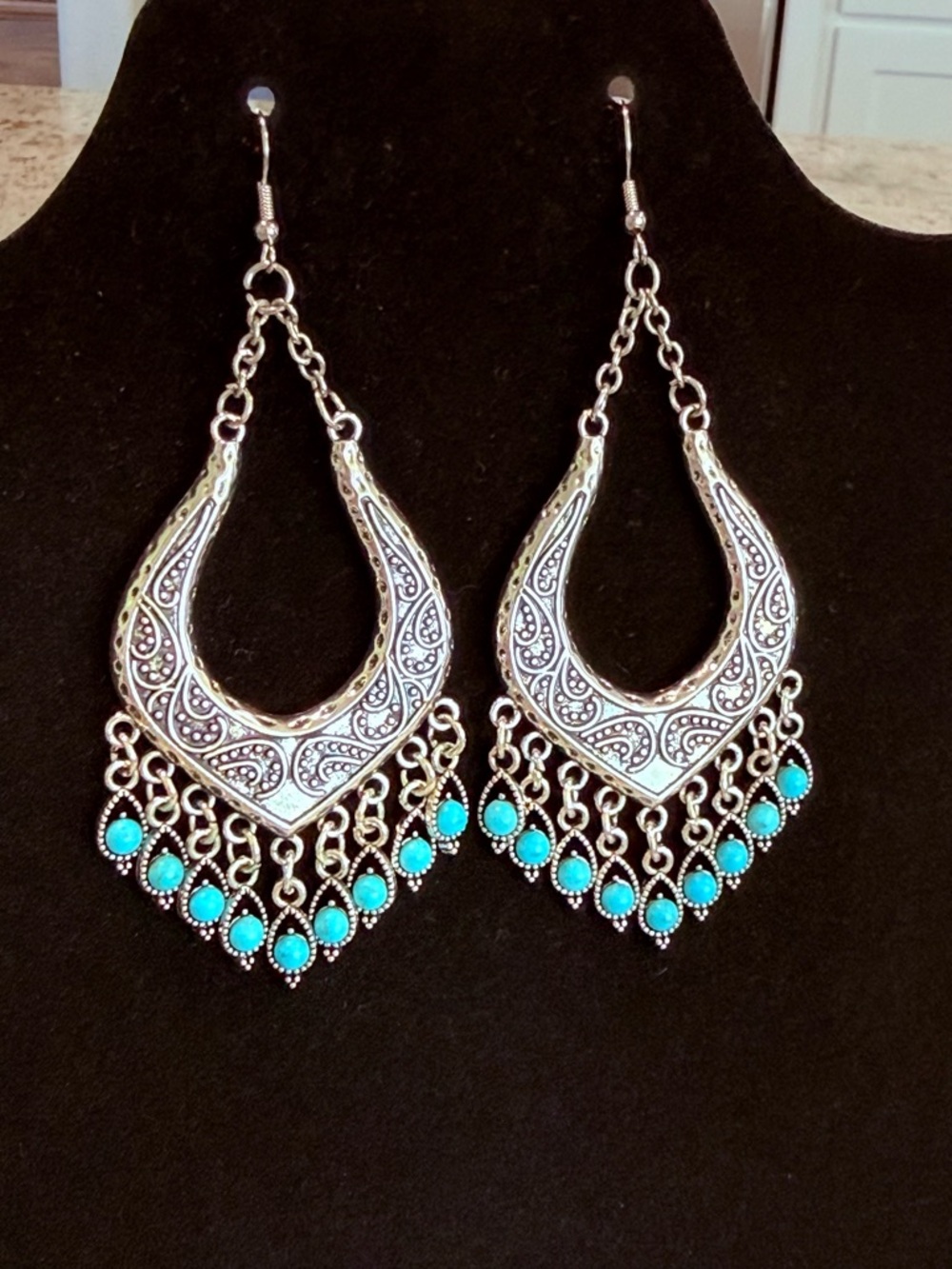 Silver-Tone Teardrop Dangle Earrings with Turquoise Inspired Stones "NEW"